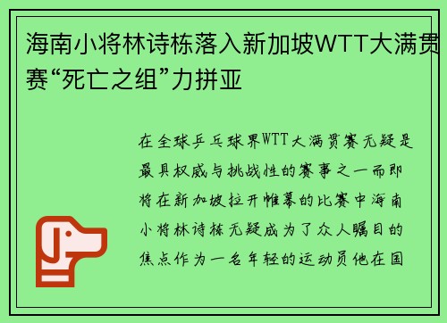 海南小将林诗栋落入新加坡WTT大满贯赛“死亡之组”力拼亚