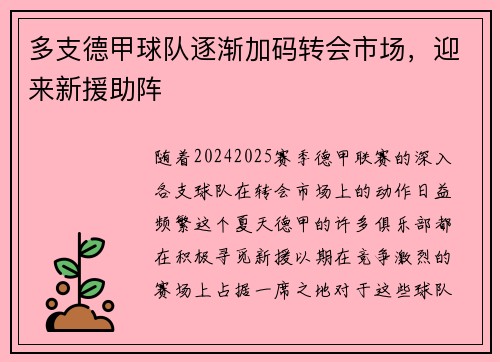 多支德甲球队逐渐加码转会市场，迎来新援助阵